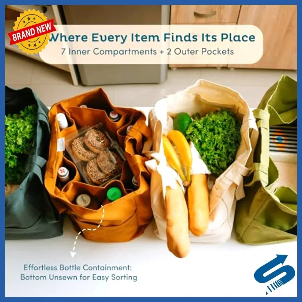 Heavy Duty Cotton Canvas Reusable Grocery Totes Foldable Multi Compartment